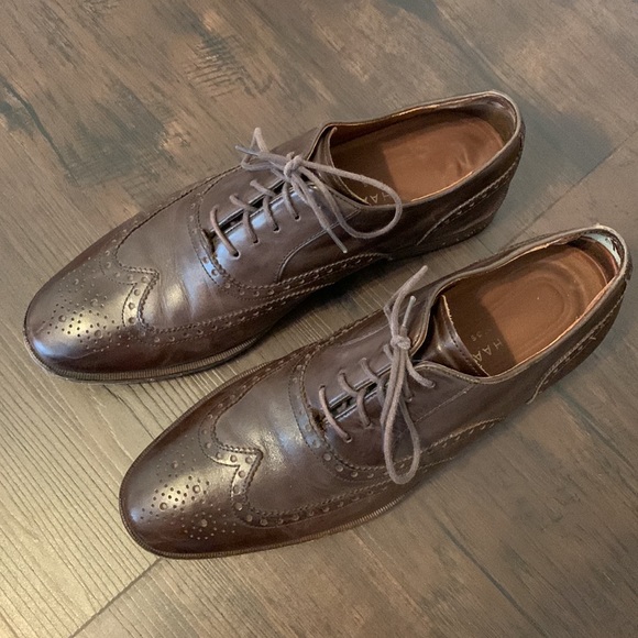 COLE HAAN MENS LEATHER SHOES BROWN LACE UP WING TIP STITCHING - Picture 3 of 7